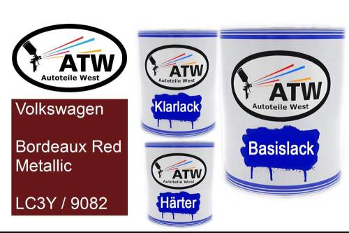 Volkswagen, Bordeaux Red Metallic, LC3Y / 9082: 1L Lackdose + 1L Klarlack + 500ml Härter - Set, von ATW Autoteile West.